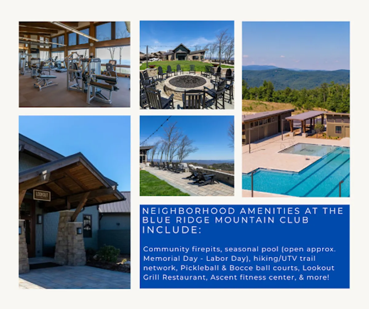 An active community hub set outdoors, showing modern fitness center equipment, a fire pit seating area, a visible pool zone, and the entrance to a restaurant. People can be seen socializing, working out, and gathering by the pool and fire pit, with mountain views in the background.
